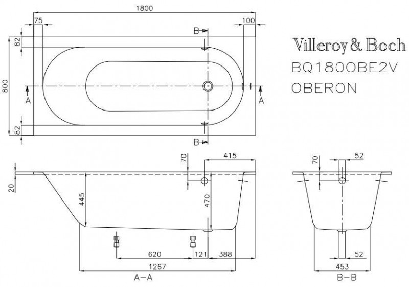 Villeroy&Boch Oberon Solo wanna prostokątna 180x80 biała weiss alpin UBQ180OBE2V-01
