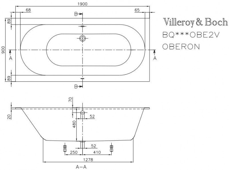 Villeroy&Boch Oberon Duo wanna prostokatna 190x90 biała weiss alpin UBQ 199 OBE 2V-01