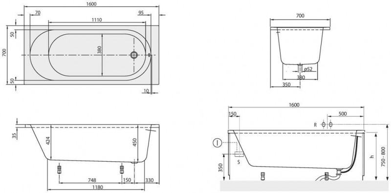 Villeroy&Boch O.Novo Solo wanna prostokątna 160x70 biała weiss alpin UBA 160 CAS 2V-01