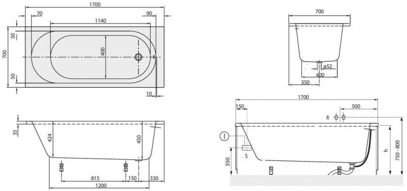 Villeroy&Boch O.Novo Solo wanna prostokątna 170x70 biała weiss alpin UBA 177 CAS 2V-01