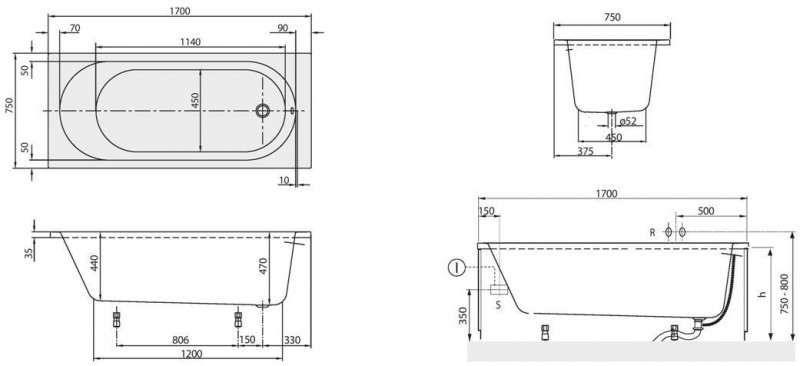 Villeroy&Boch O.Novo Solo wanna prostokątna 170x75 biała weiss alpin UBA 170 CAS 2V-01
