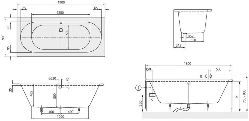 Villeroy&Boch O.Novo Duo wanna prostokątna 190x90 biała weiss alpin UBA 190 CAS 2V-01