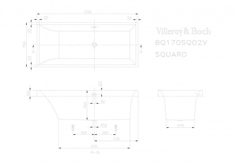 Villeroy&Boch Squaro Duo wanna prostokątna 170x75 biała weiss alpin UBQ 170 SQR 2V-01
