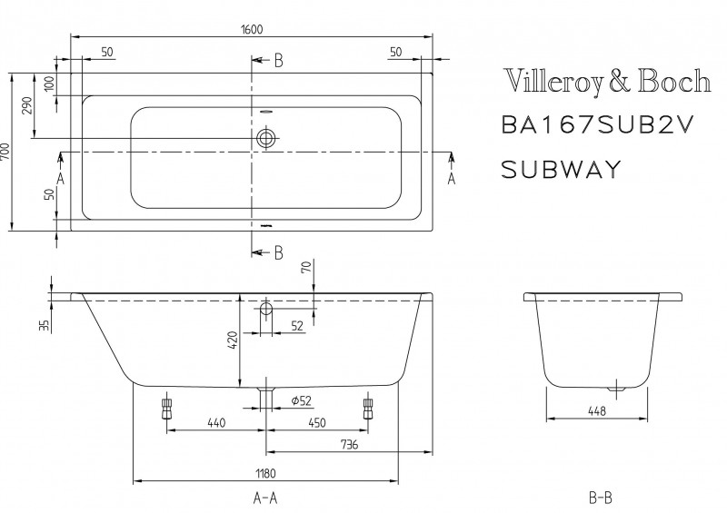 Villeroy&Boch Subway Duo wanna prostokątna 160x70 biała weiss alpin UBA167SUB2V-01