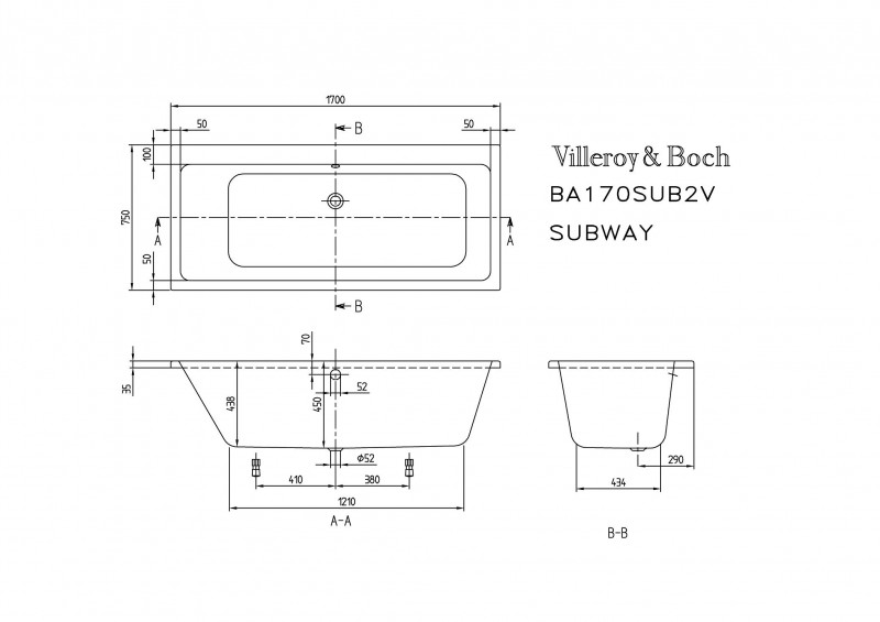 Villeroy&Boch Subway Duo wanna prostokątna 170x75 biała weiss alpin UBA170SUB2V-01