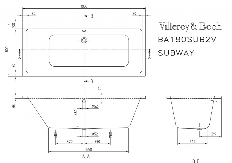 Villeroy&Boch Subway Duo wanna prostokątna 180x80 biała weiss alpin UBA180SUB2V-01