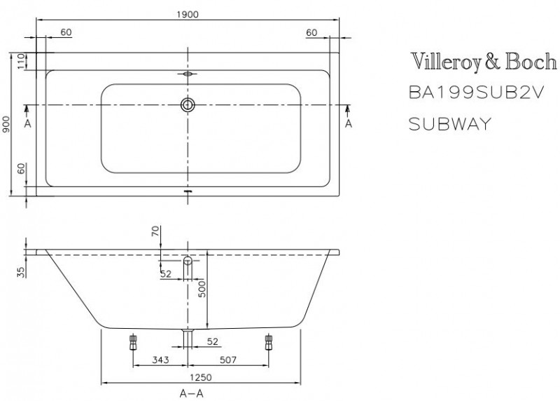 Villeroy&Boch Subway Duo wanna prostokątna 190x90 biała weiss alpin UBA 199 SUB 2V-01