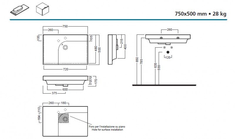 Hatria Grandangolo G-75 umywalka ceramiczna prawa 75 cm Y0YD