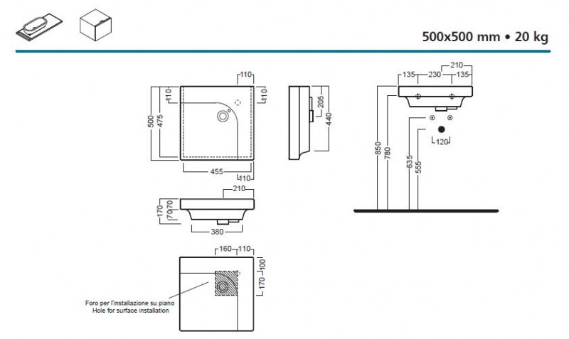 Hatria Grandangolo G-50 umywalka ceramiczna lewa 50 cm YXFB