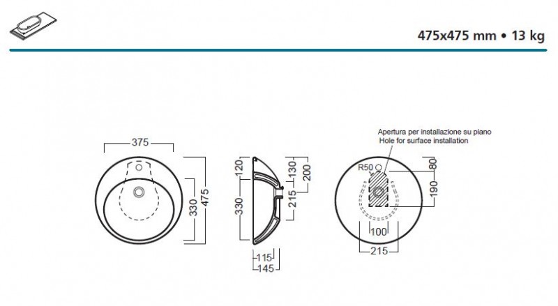 Hatria Happy Hour 02:00 umywalka stawiana na blat 47,5x47,5  Y0M6