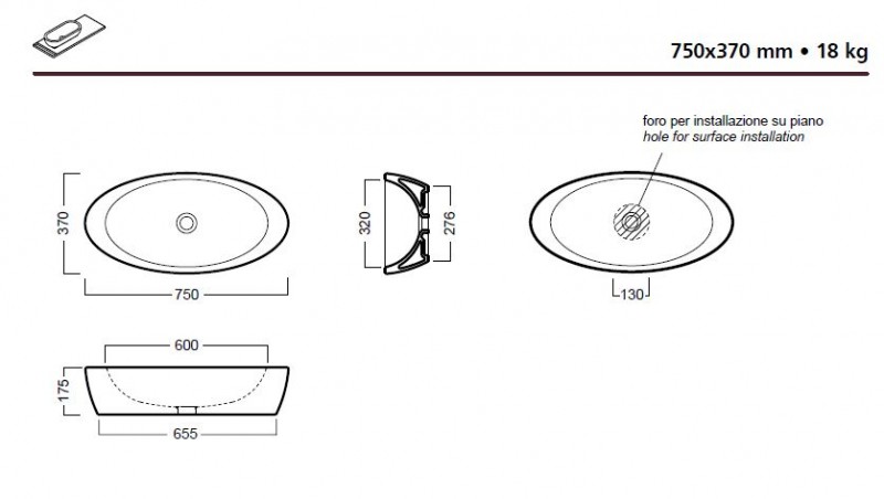 Hatria Nido umywalka stawiana na blat 75x37 Y0R2