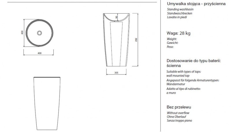 Marmorin Noemi umywalka wolnostojąca okrągła 40x40 cm Mineralicast 560 040 020 010