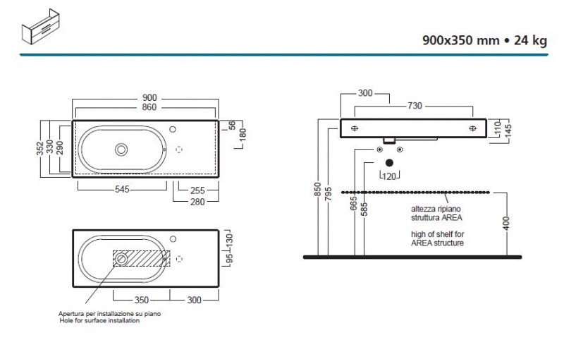 Hatria Area 90 umywalka asymetryczna z blatem ceramicznym 90x35 biały YXDL