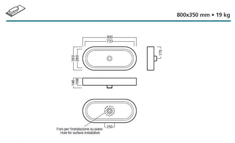 Hatria Area 80 umywalka stawiana na blat 80x35 biały Y0UF