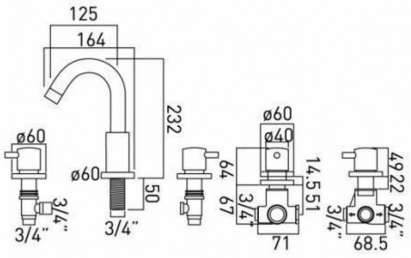 Vado Zoo bateria wannowa pięciootworowa chrom ZOO-135-3/4-C/P
