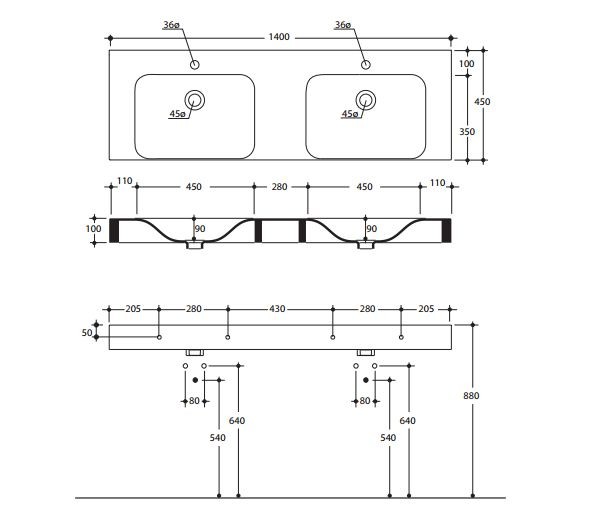 Kerasan Cento umywalka podwójna 140x45 biały 3536