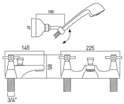 Axces by Vado Vecta bateria wannowa dwuotworowa z zestawem prysznicowym chrom AX-VEC-130/CD+K-CP