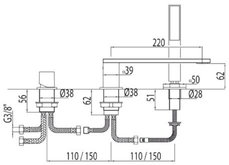 Tres Cuadro bateria wannowa 3-otworowa chrom 006.161.04