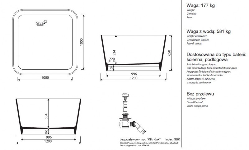 Marmorin Balia wanna wolnostojąca kwadratowa 120x120  590 120 020 010