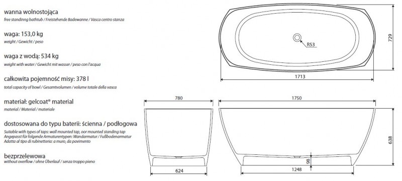 Marmorin Isar wanna wolnostojąca 175x78 Mineralicast 599 170 020 010