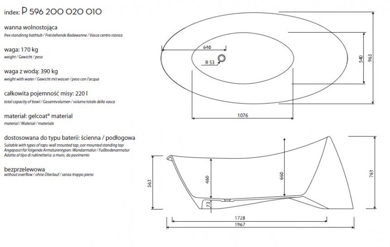Marmorin Goccia wanna wolnostojąca 197x96 Mineralicast P 596 200 020 010