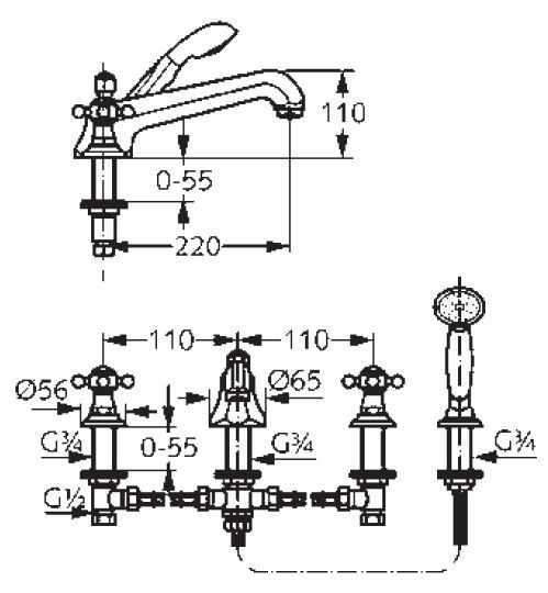 Kludi Adlon dwuuchwytowa bateria wannowa czterootworowa mosiądz 51 525 45 20