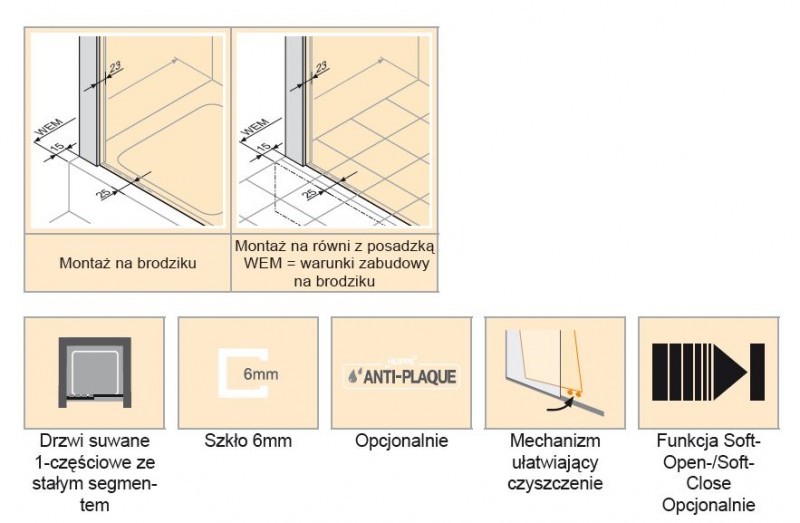 Huppe Aura elegance drzwi suwane 1-częściowe lewe 90 wys. 2000mm srebrny matowy przeźroczyste 401411.087.321