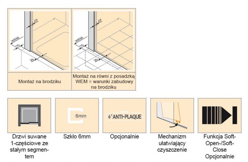 Huppe Aura elegance drzwi suwane 1-częściowe lewe 110 wys. 2000mm srebrny matowy przeźroczyste 401413.087.321