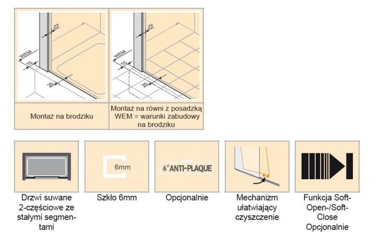 Huppe Aura elegance drzwi suwane 2-częściowe z segmentami 160 wys. 2000mm srebrny matowy przeźroczyste 402104.087.321