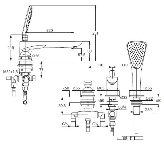 Kludi Balance jednouchwytowa bateria wannowa trzyotworowa chrom 524470575