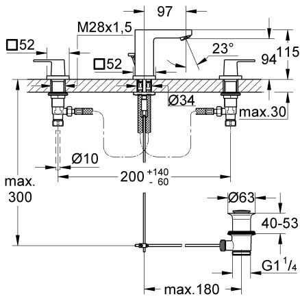 Grohe Eurocube bateria umywalkowa trzyotworowa z korkiem chrom 20351000