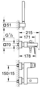 Grohe Eurocube bateria wannowa ścienna z zestawem prysznicowym chrom 23141000