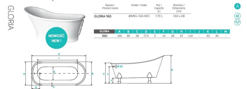 BESCO Gloria wanna wolnostojąca 160x68 cm Mineral DuraBe biały