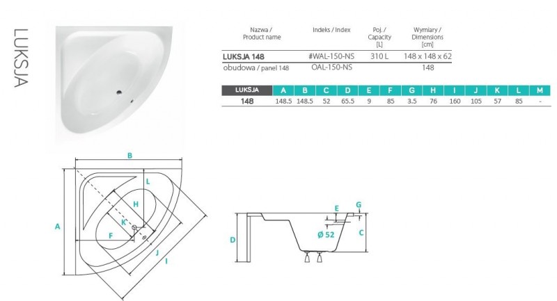 BESCO Luksja wanna narożna 148x148 biały WAL-150-NS