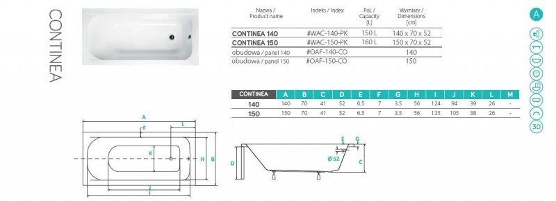 PMD Piramida Continea wanna prostokątna 140x70 biały WAC-140-PK