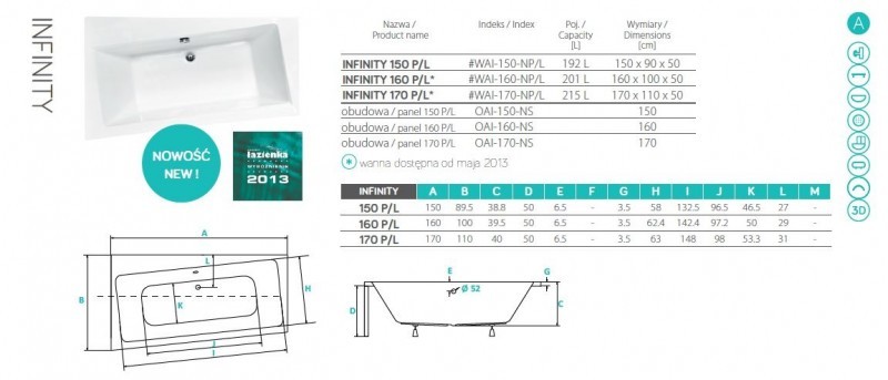 BESCO Infinity wanna asymetryczna prawa 150x90 biały WAI-150-NP