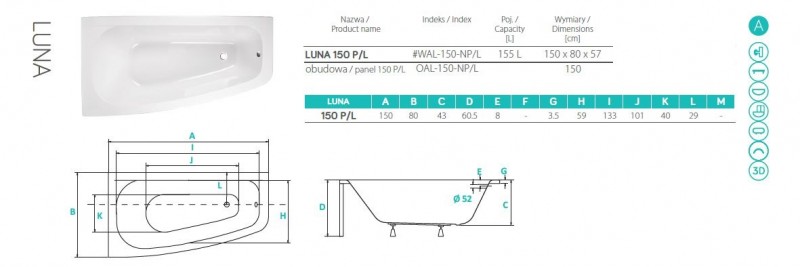 BESCO Luna wanna asymetryczna lewa 150x80 biały WAL-150-NL