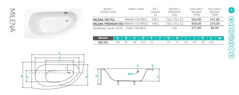 BESCO Milena wanna asymetryczna lewa 150x70 biały WAM-150-NL