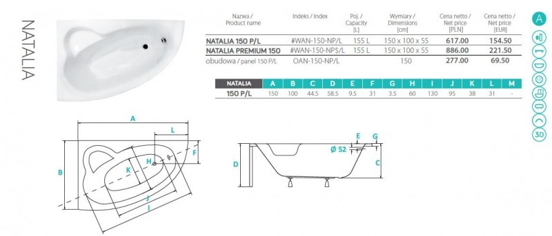 BESCO Natalia wanna asymetryczna prawa 150x100 biały WAN-150-NP