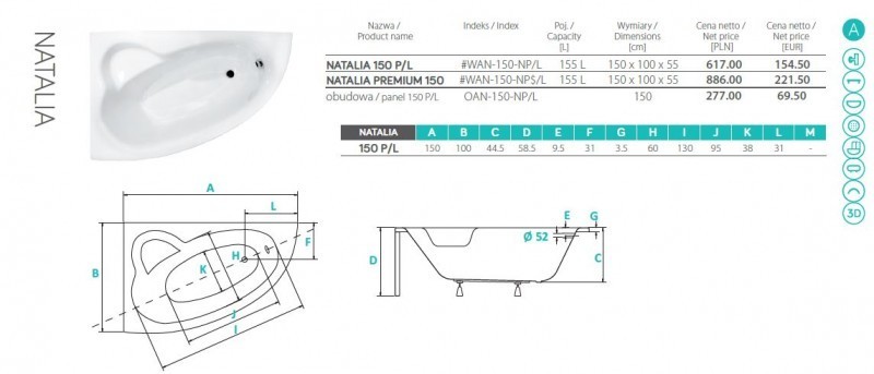 BESCO Natalia wanna asymetryczna prawa + uchwyty + zagłówek 150x100 biały WAN-150-NPS