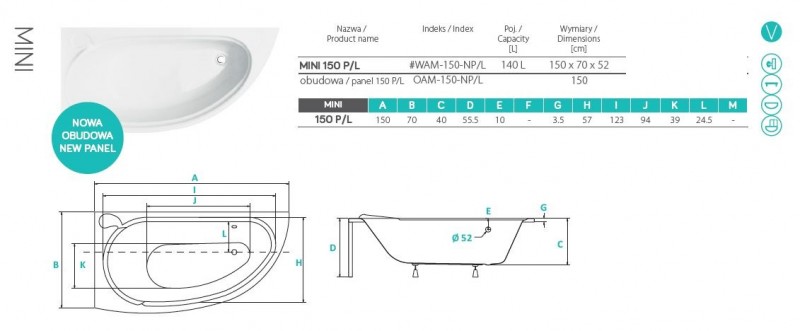 PMD Piramida Mini wanna asymetryczna lewa 150x70 biały WAM-150-NL