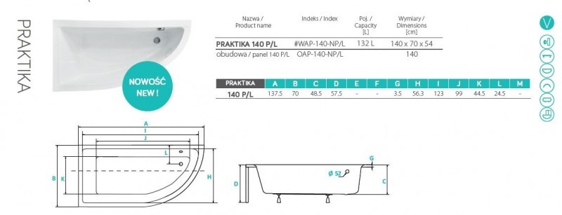 BESCO Praktika wanna asymetryczna prawa 140x70 biały WAP-140-NP