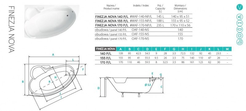 PMD Piramida Finezja Nova wanna asymetryczna prawa 140x95 biały WAF-140-NP