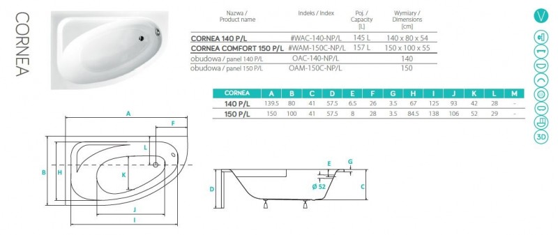 PMD Piramida Cornea wanna asymetryczna lewa 140x80 biały WAC-140-NL