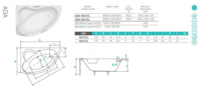 PMD Piramida Ada wanna asymetryczna lewa 140x90 biały WAA-140-NL