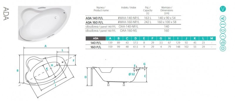 PMD Piramida Ada wanna asymetryczna lewa 160x100 biały WAA-160-NL