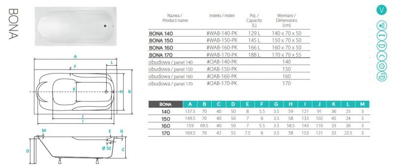 PMD Piramida Bona wanna prostokątna 150x70 biały WAB-150-PK
