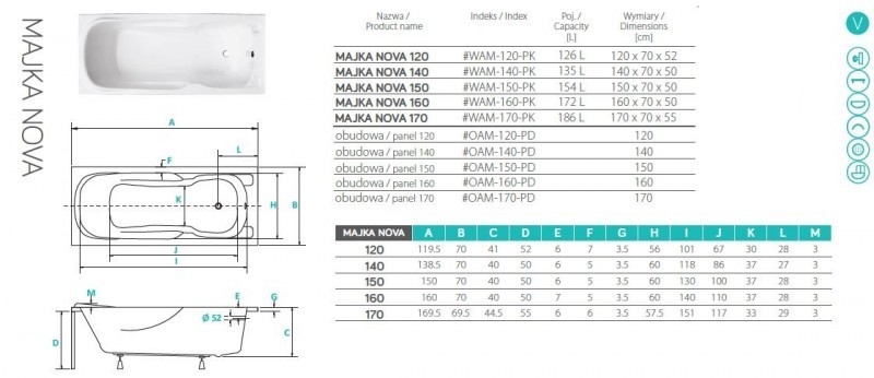 PMD Piramida Majka Nova wanna prostokątna 150x70 biały WAM-150-PK