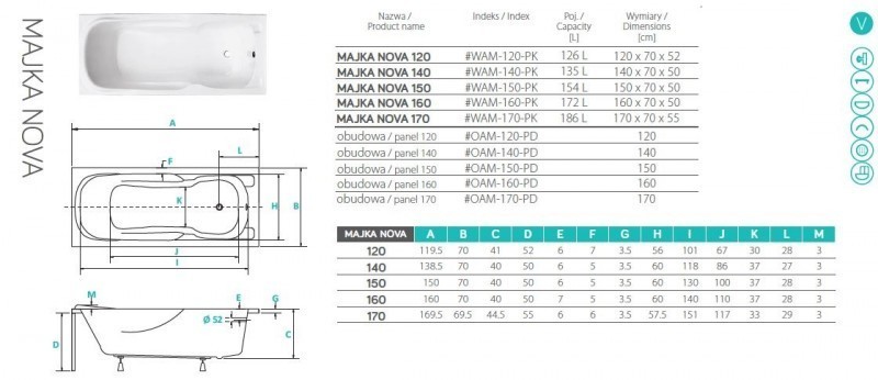 PMD Piramida Majka Nova wanna prostokątna 160x70 biały WAM-160-PK