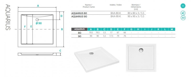 BESCO Aquarius brodzik kwadratowy 80x80 biały BAA-80-K
